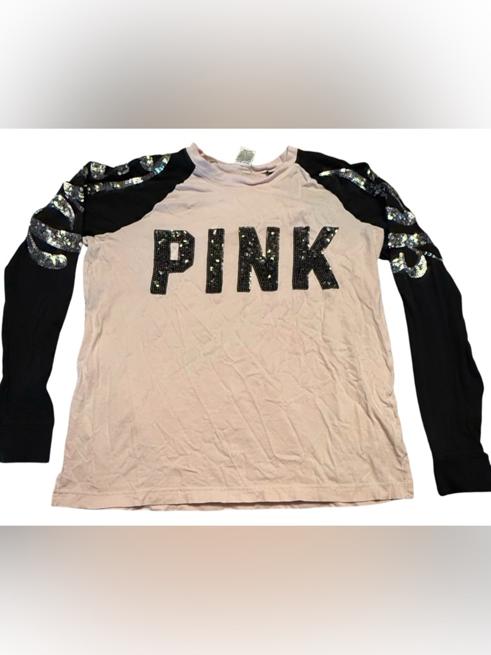 PINK Victoria's Secret women’s' Long Sleeve Sequin Logo Tee - Light Pink & Black